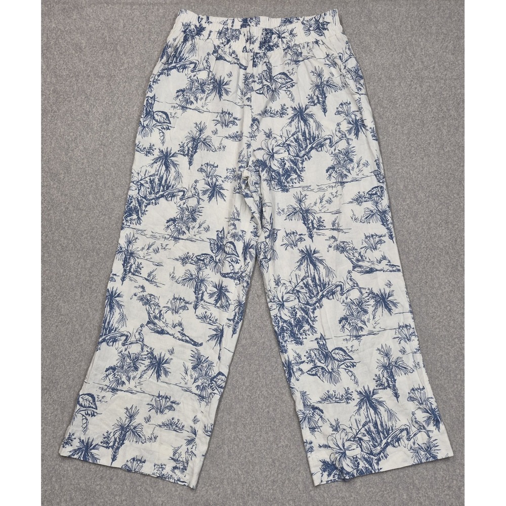 C&C California Pants Womens M Blue White Linen Blend Wide Leg Coastal Resort